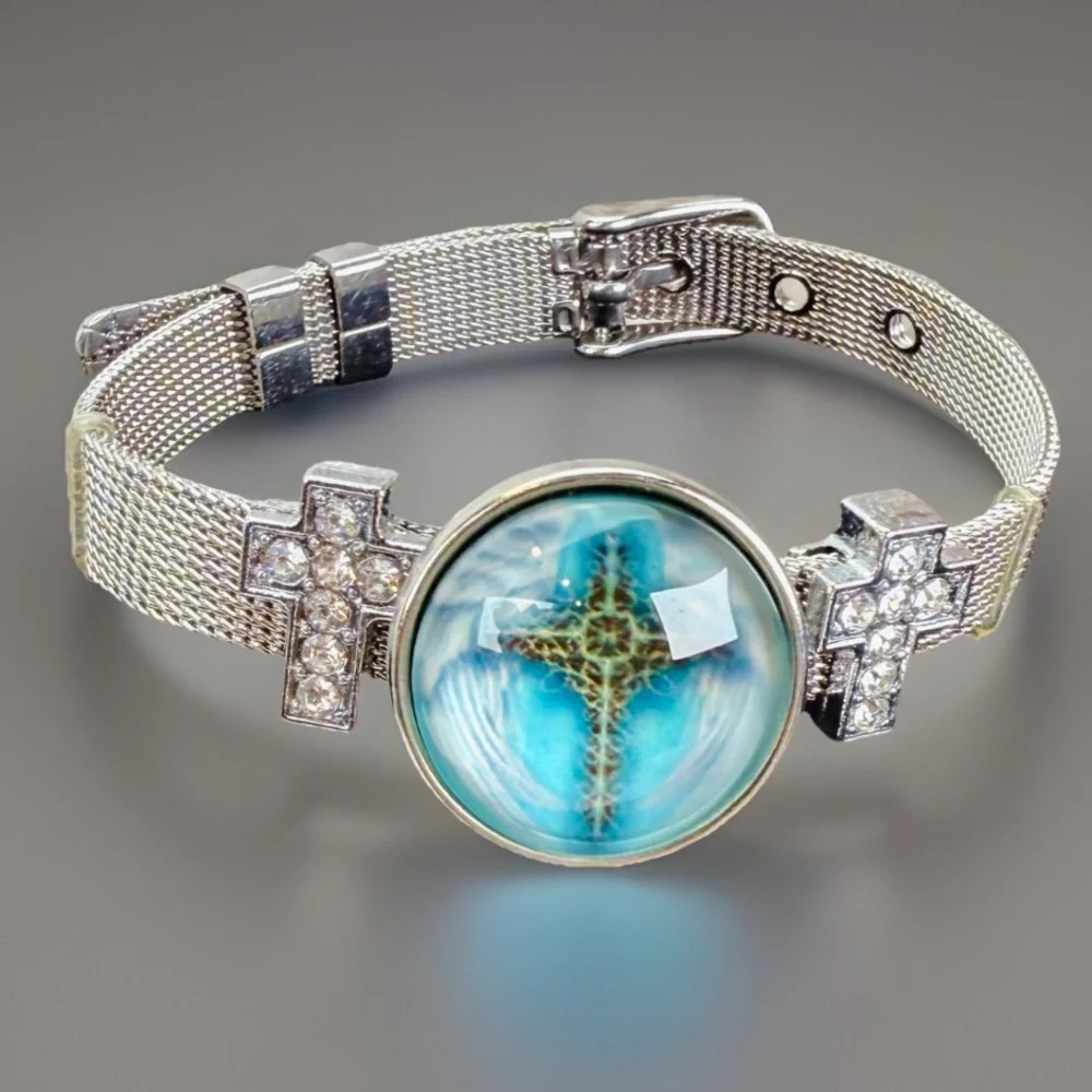 Silvertone Mesh Snap Bracelet with Blue Cross Design
